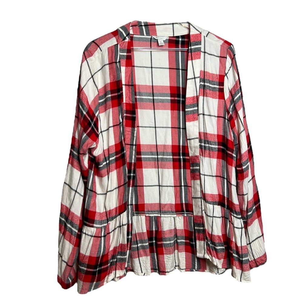 Long Sleeve Open Ruffel Hem Plaid Flannel Cardigan Top